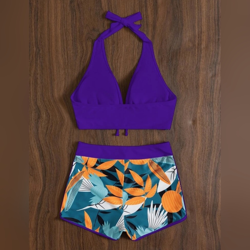Random Leaf Print Tie Back Halter Bikini Swimsuit (Size 8-10 bottoms 34-36 top)